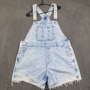 GAP Womens Denim Overalls Shorts Shortalls Size XL Grunge Distressed Blue